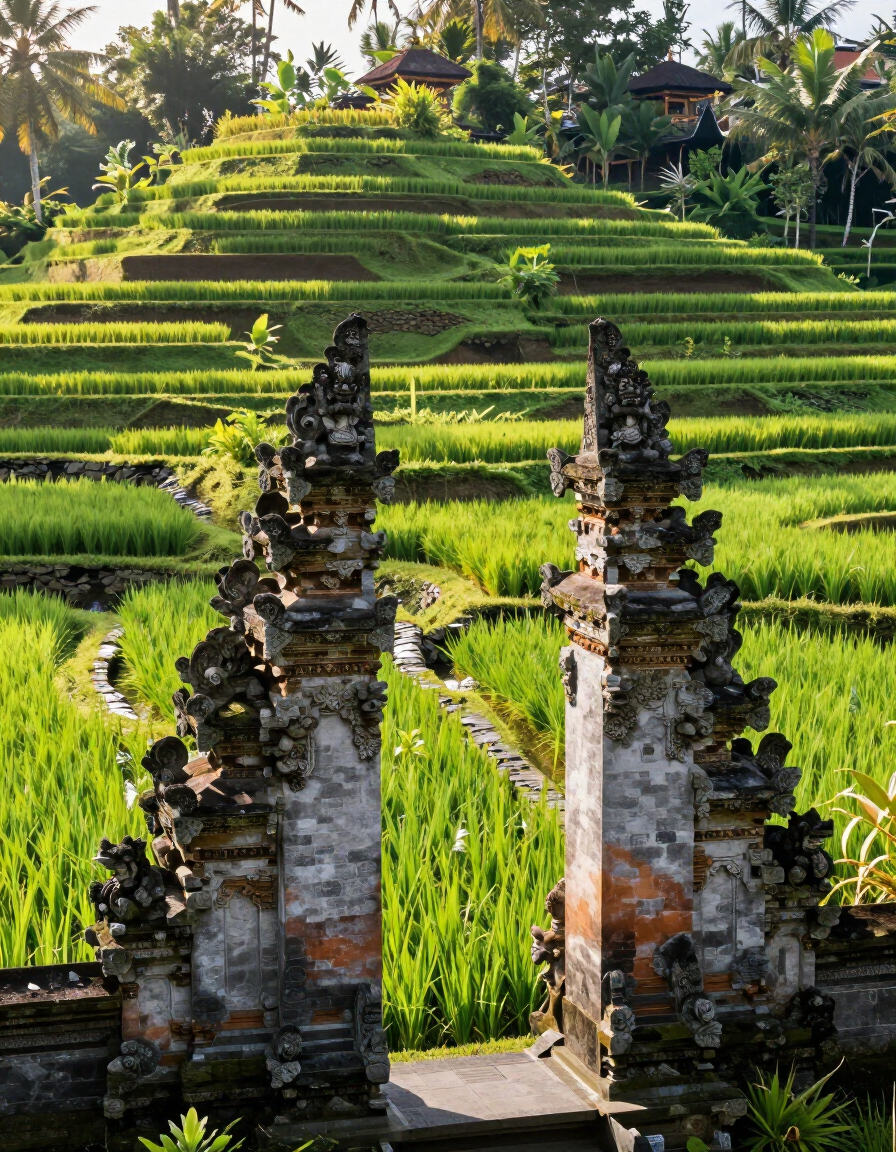 Rice terraces with a stone temple gate in warm light