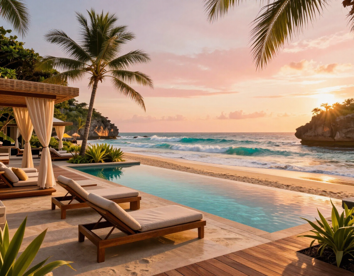 Seminyak beach club with pool loungers at golden hour
