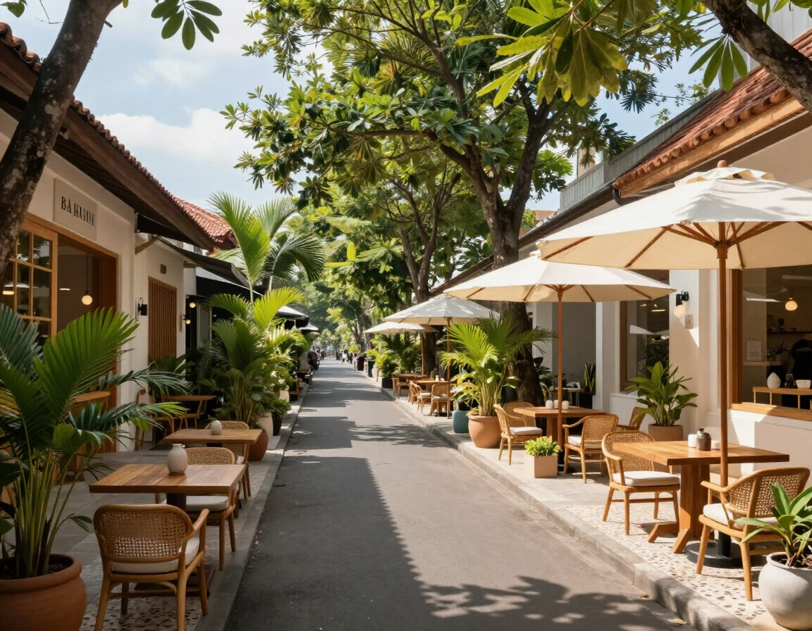 Leafy café strip with outdoor seating