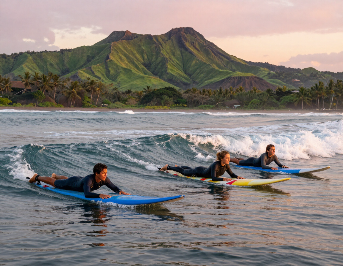 Surfers paddling out with volcanic hills in the distance