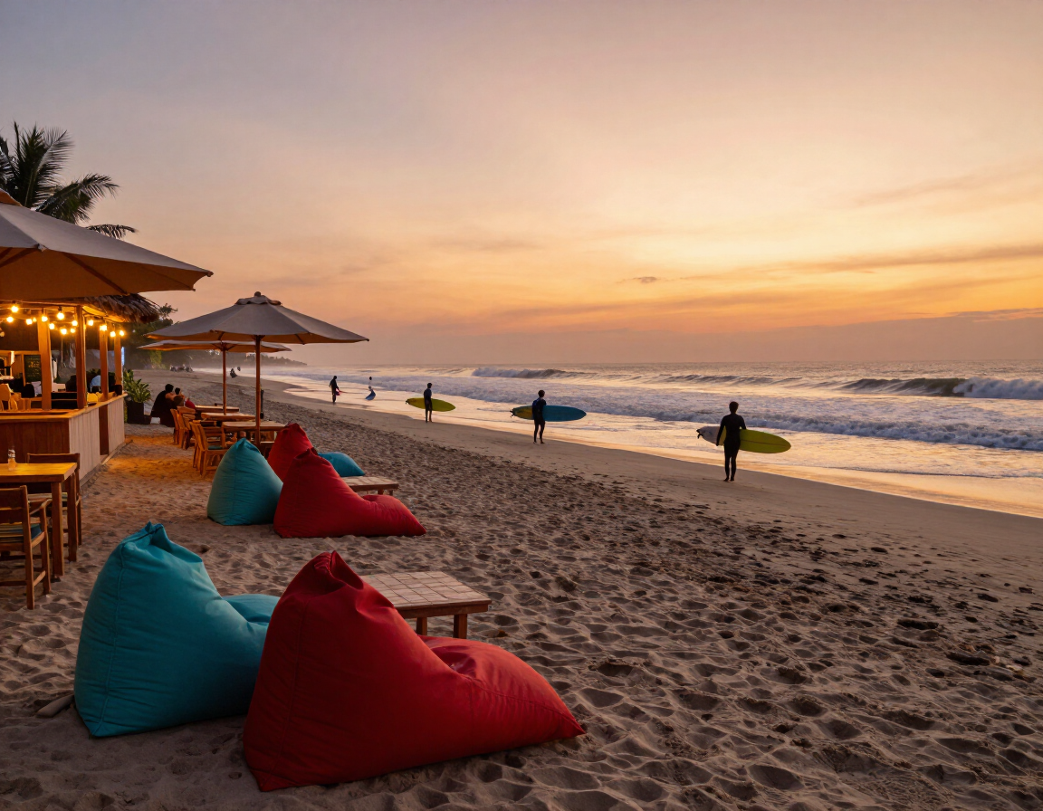 Legian Beach at sunset with surfers and beanbag loungers