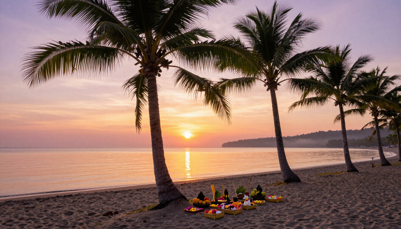 Bali beach at sunrise with palm trees