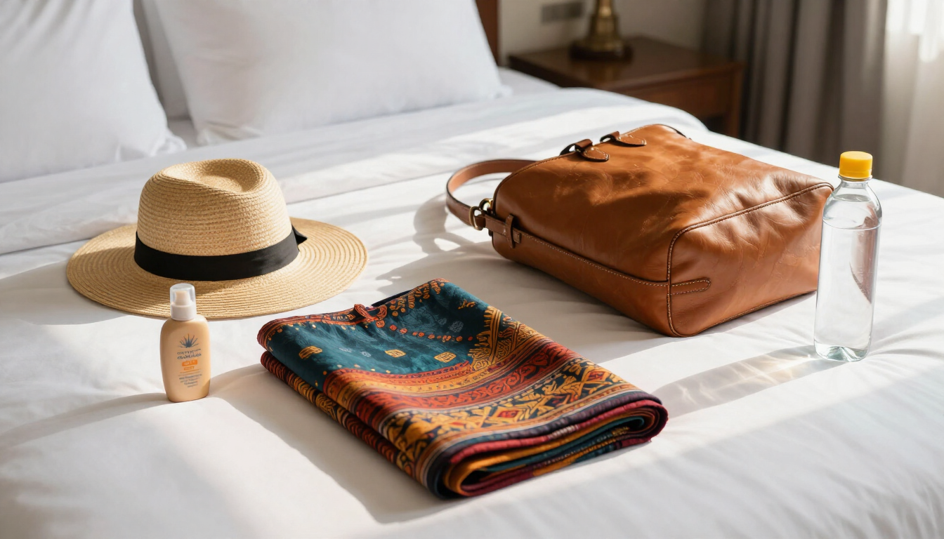 Lightweight Bali travel essentials arranged on a bed