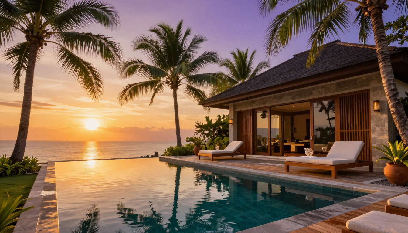 Bali itineraries with a luxury villa pool and tropical sunset
