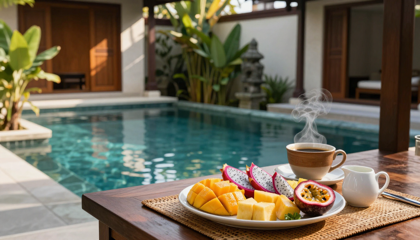 Bali itineraries featuring a relaxed tropical breakfast beside a private villa pool