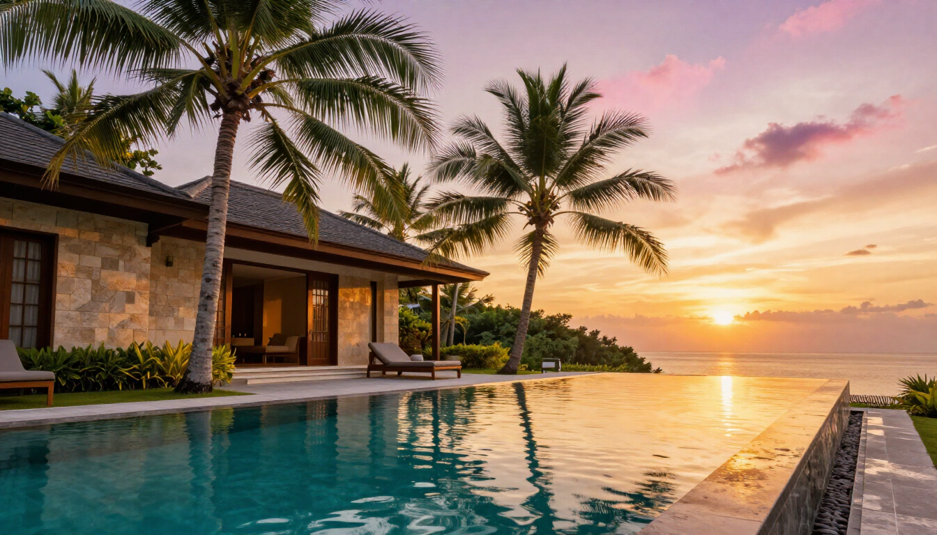 Bali itineraries overlooking a private villa pool at sunset