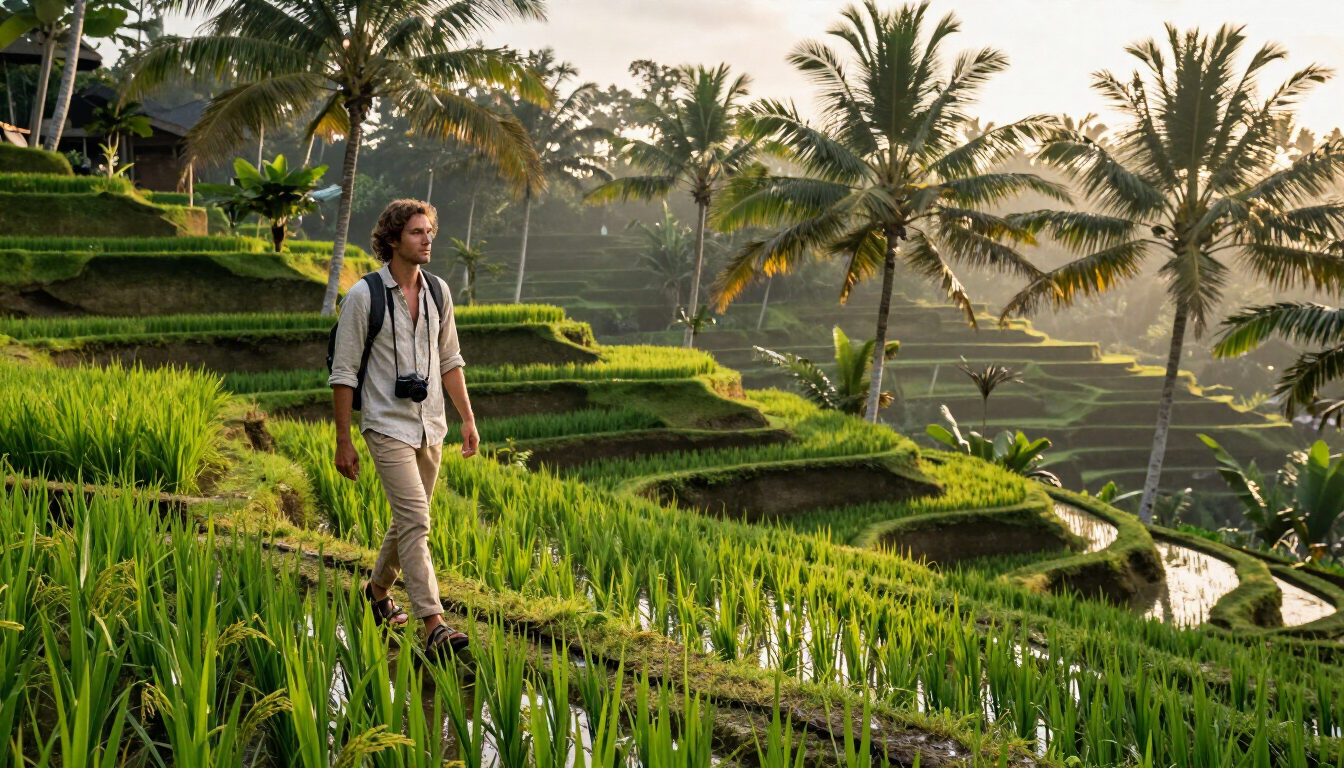 Bali itinerary experience with rice terraces, palms, and a traveller exploring Ubud