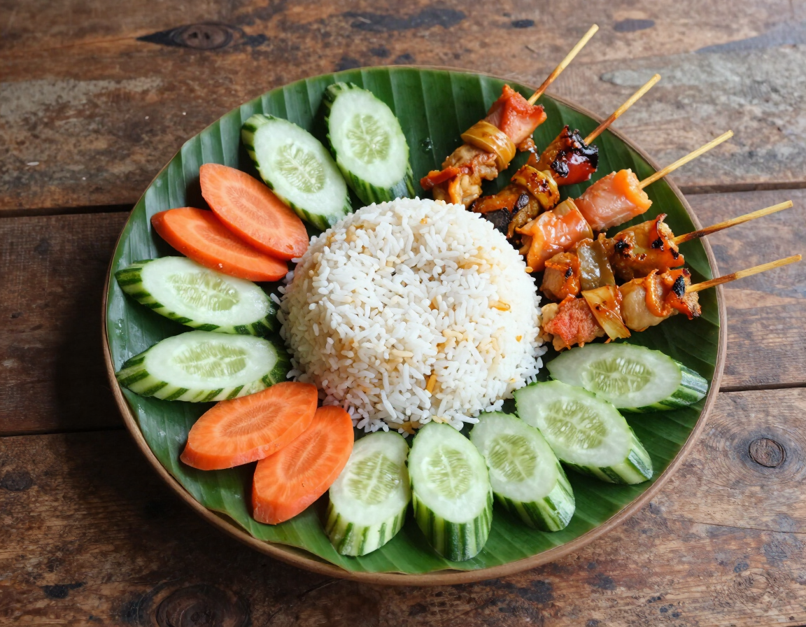 Balinese warung meal with nasi campur and sate lilit