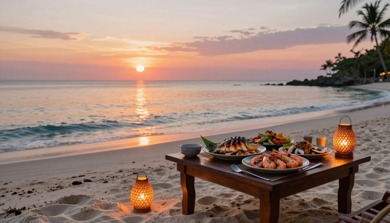 Photorealistic seafood dinner beside Jimbaran Bay