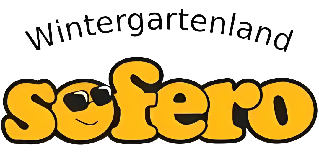 Logo für Wintergartenland: gelber Schriftzug „sofero“ mit Sonnenbrille, darüber schräger Text „Wintergartenland“.