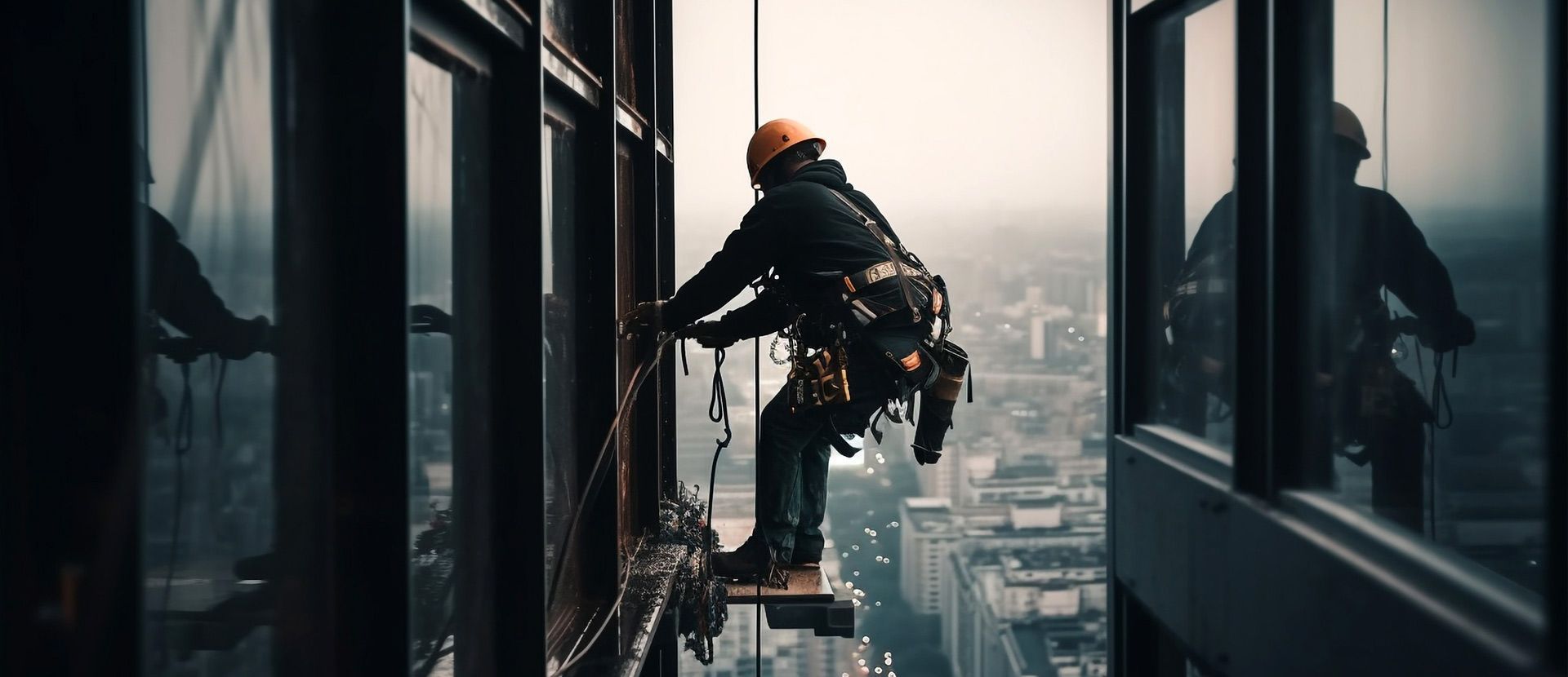 Un hombre está limpiando las ventanas de un edificio alto.
