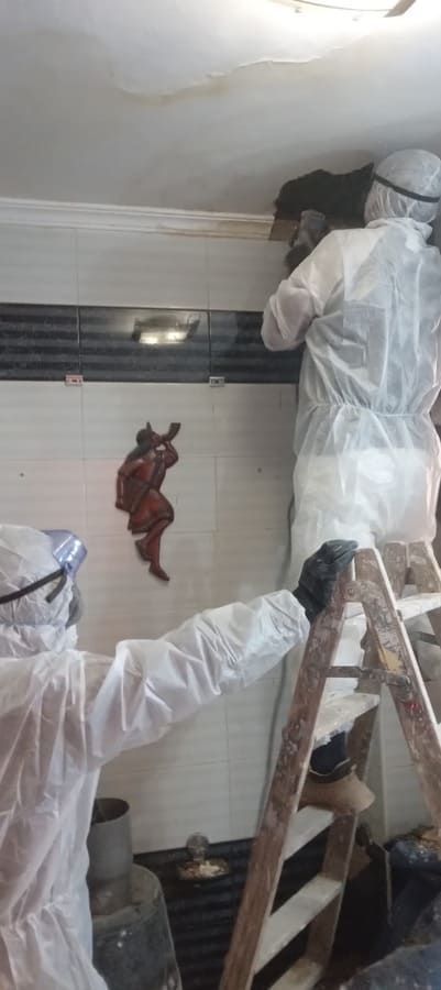 Un hombre con un traje de protección está de pie en una escalera en una habitación.
