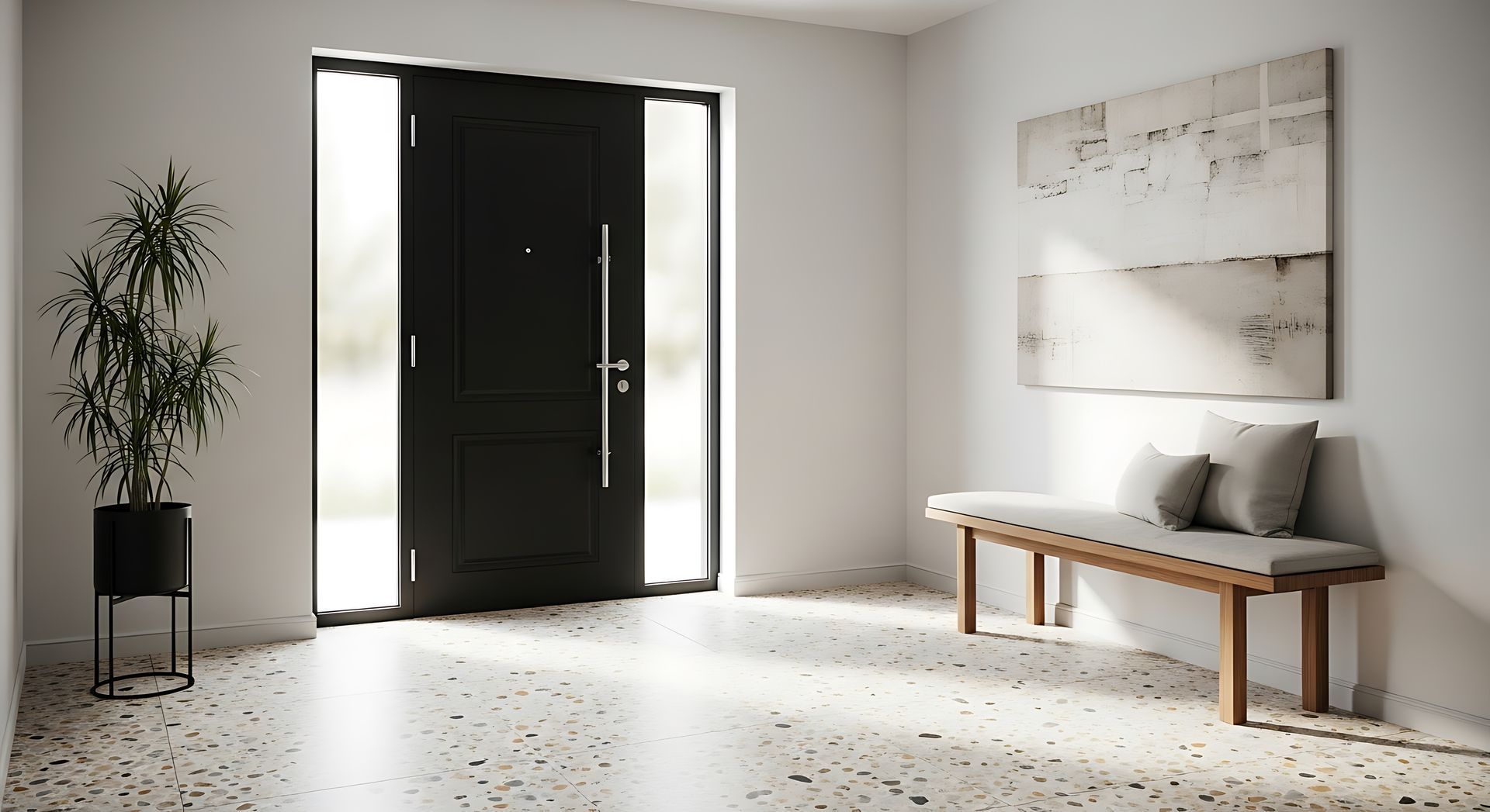 Entrée lumineuse et minimaliste avec la porte d’entrée noire ouverte, un banc, des œuvres murales et une plante en pot