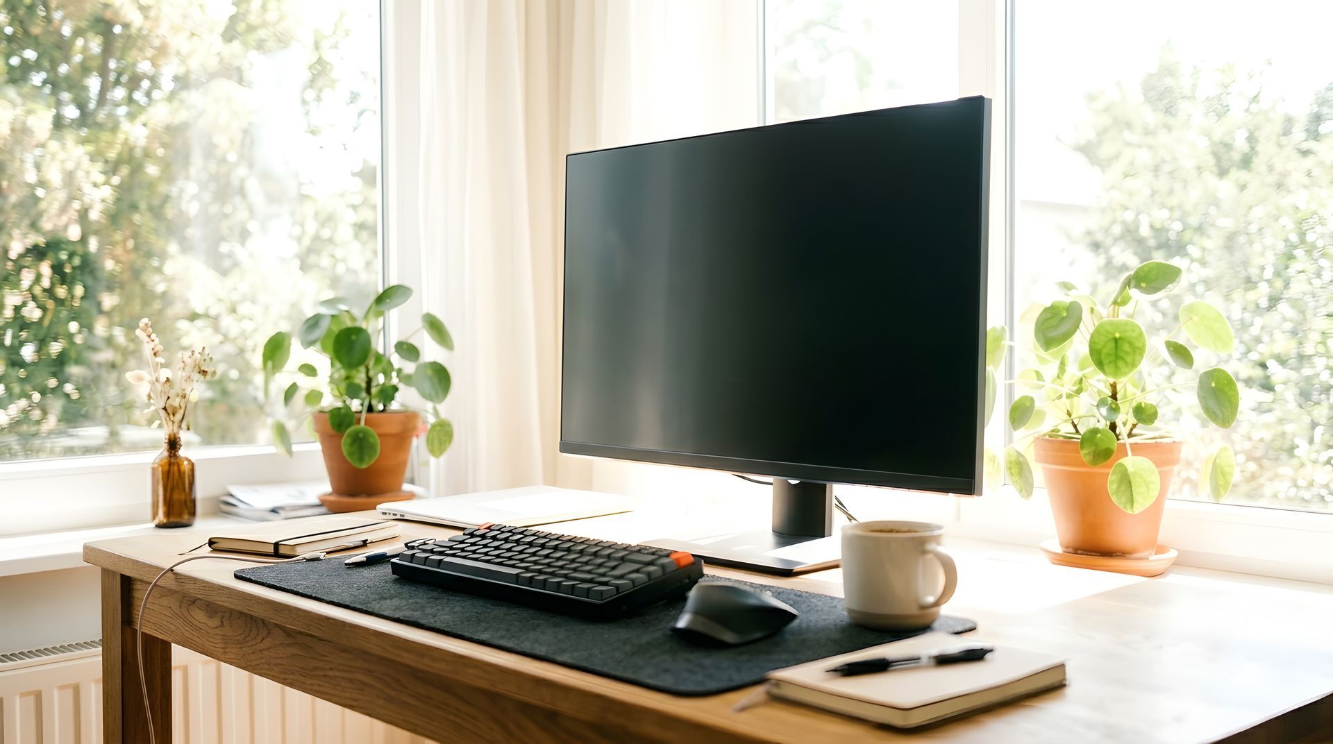 Bureau ensoleillé avec écran, clavier, souris, tasse, carnet et plantes en pot près d’une fenêtre