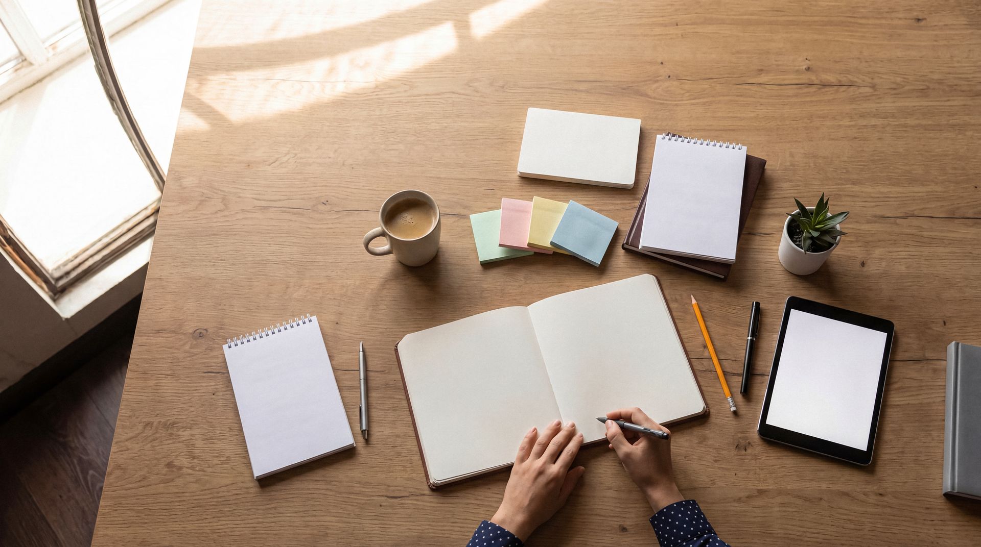 Bureau avec un carnet ouvert, des mains qui écrivent, du café, des notes autocollantes, une tablette et une plante, le tout disposé à plat dans un espace de travail