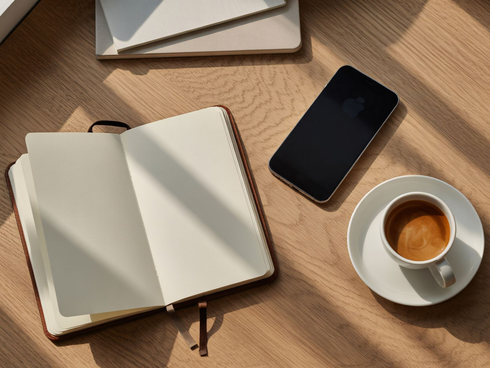 Un carnet, un smartphone et une tasse de café sur un bureau en bois ensoleillé.