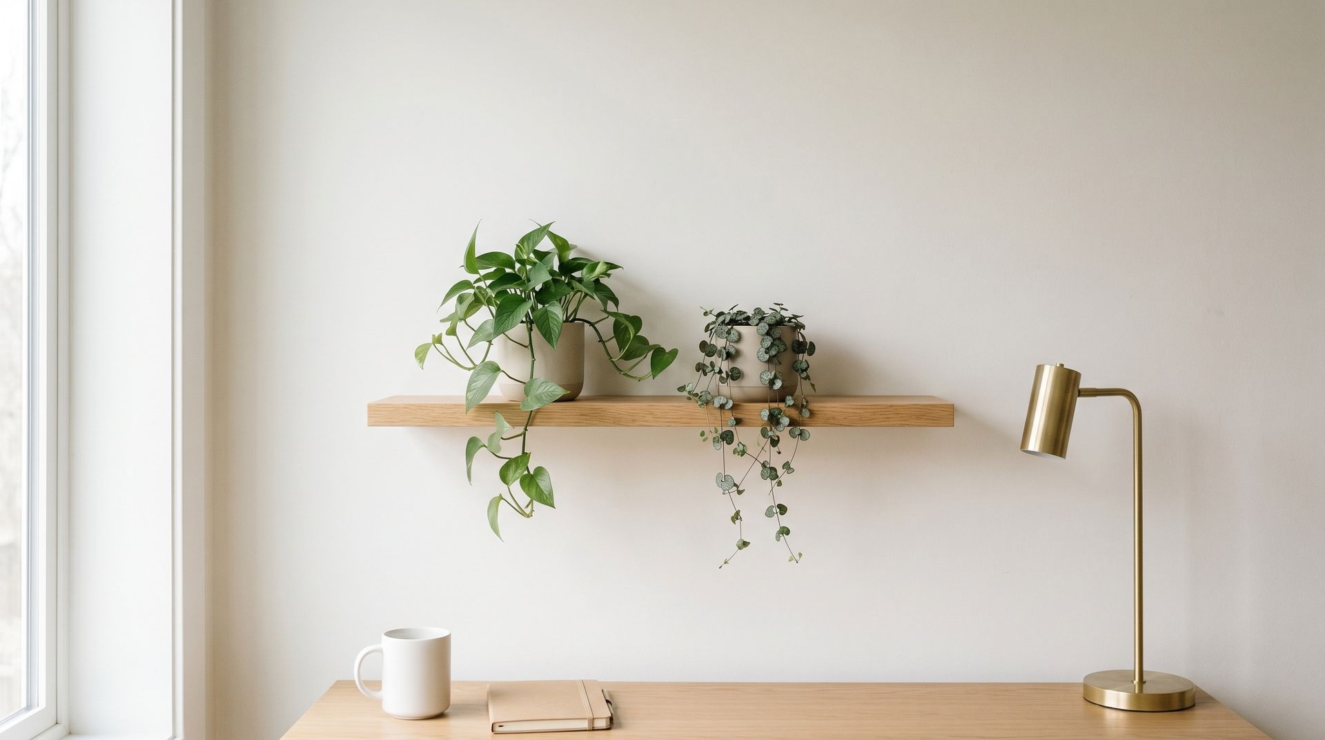 Bureau minimaliste avec des plantes en pot, une étagère en bois et une lampe en laiton contre un mur blanc