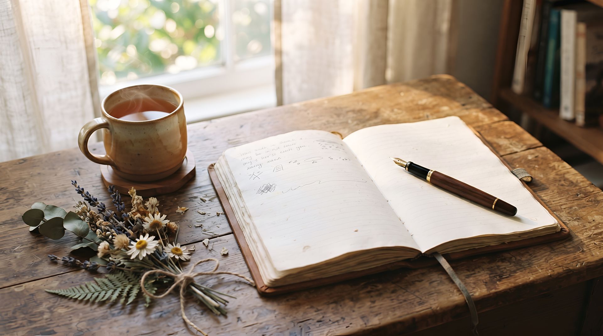 Bureau rustique avec un journal ouvert, un stylo, une tasse de café et des fleurs séchées près d’une fenêtre ensoleillée
