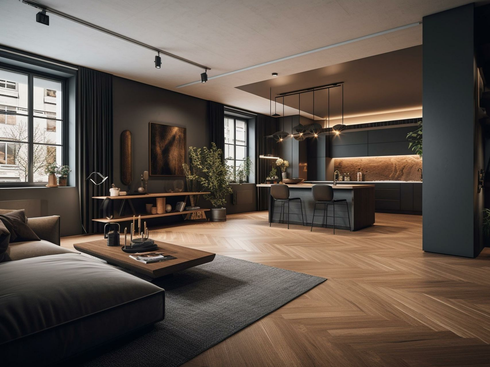 Salon moderne à aire ouverte avec mobilier sombre, parquet, grandes fenêtres et éclairage d’ambiance chaleureux