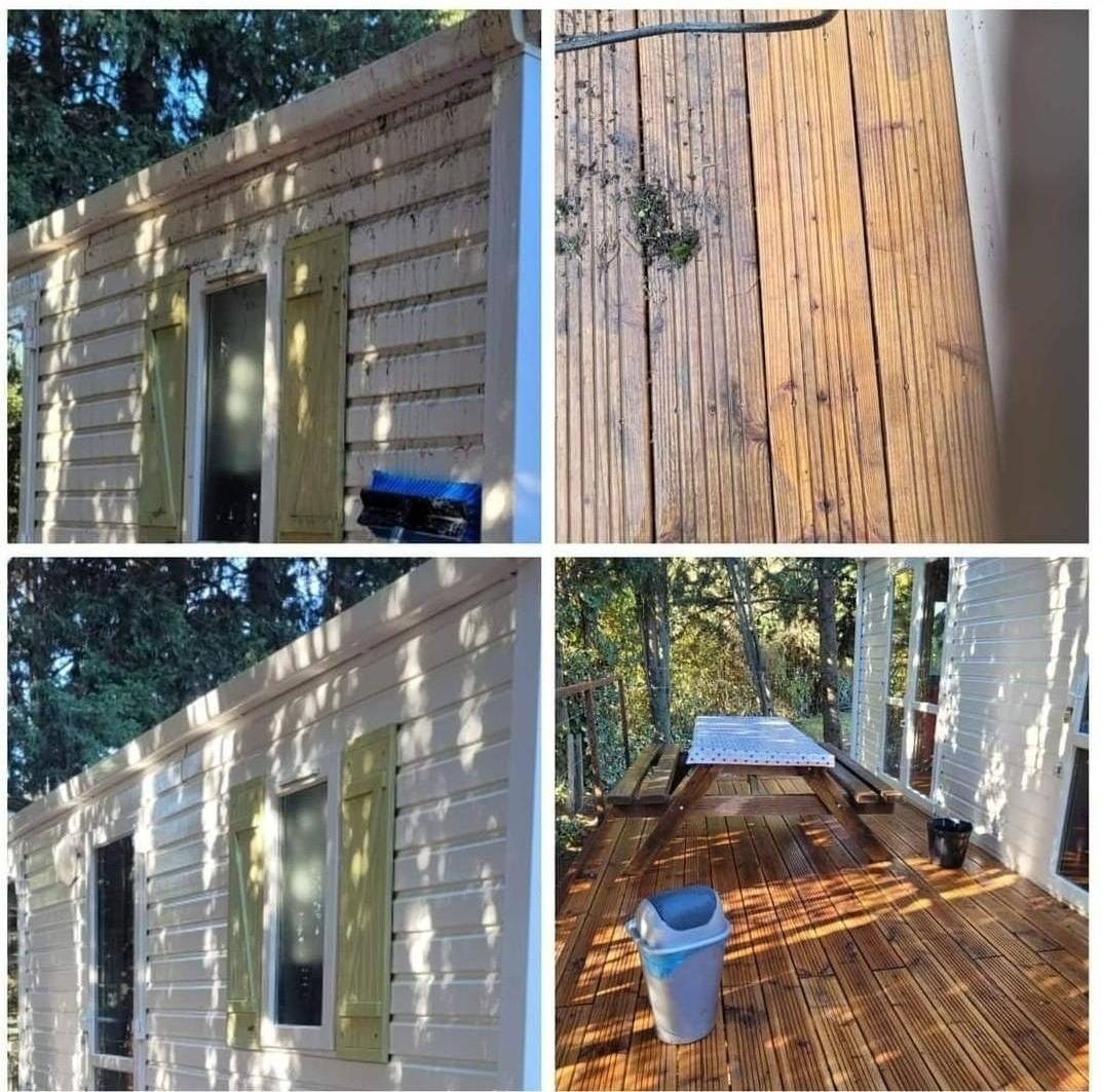 Montage photo avant-après d'un mobile-home avec terrasse en bois