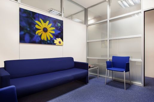 Una sala de espera con un sofá azul y sillas.