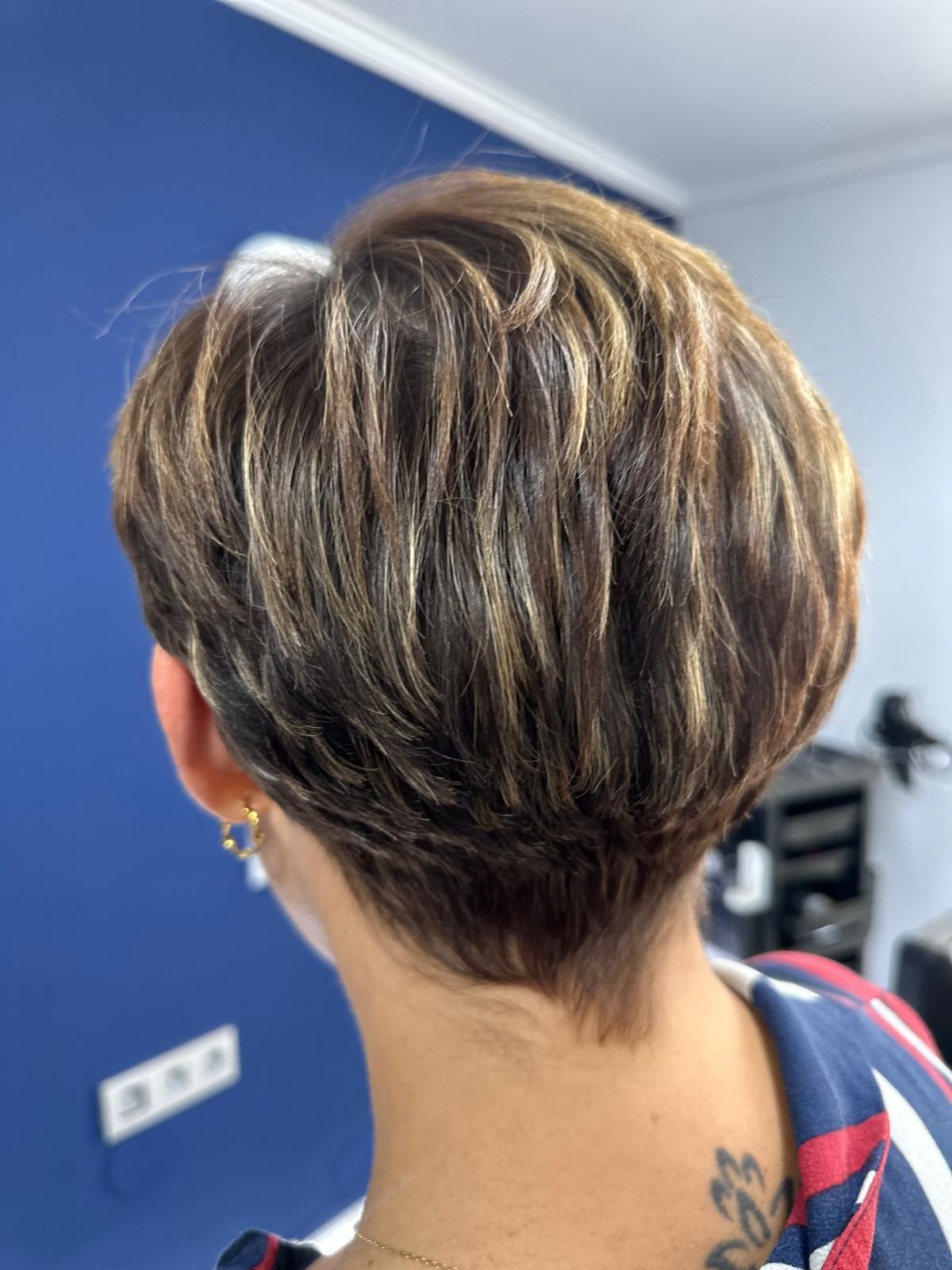 Peinado corto y a capas de color castaño con reflejos rubios sobre una pared azul.