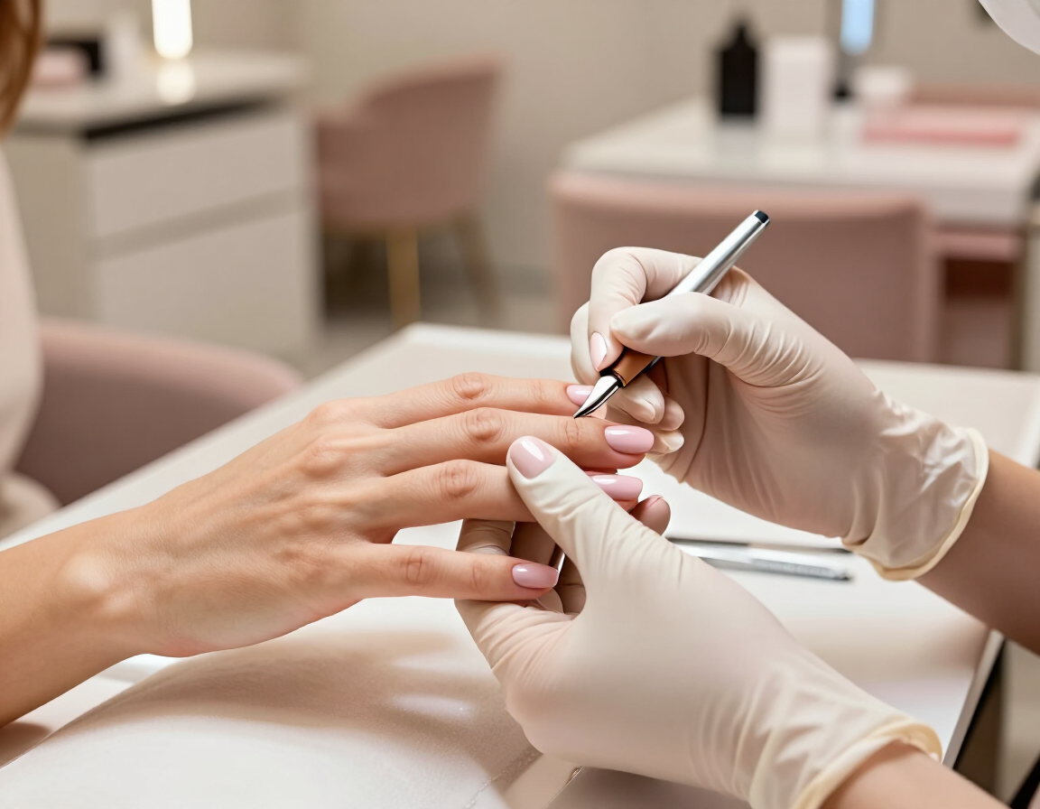 Manos enguantadas aplicando esmalte de uñas a una clienta en un salón de belleza