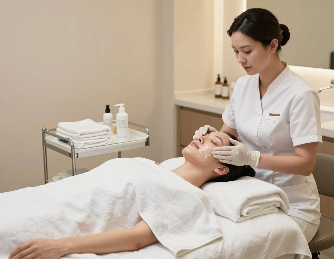 Esteticista dando un masaje facial a una clienta en una camilla de spa