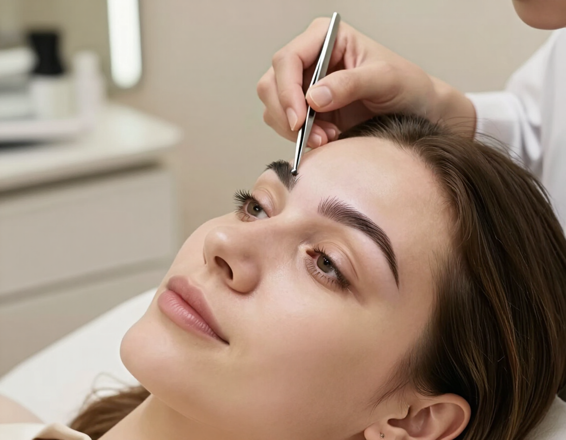 Una esteticista perfila las cejas de una mujer con pinzas en una sala de tratamientos de spa