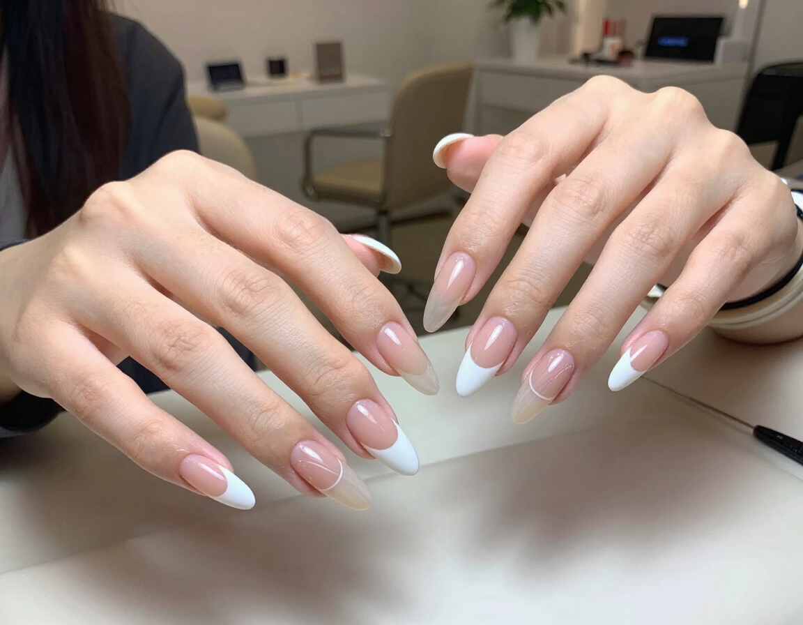 Manos con una manicura larga en tonos rosa y blanco sosteniendo un pequeño objeto blanco sobre una mesa en un salón de belleza