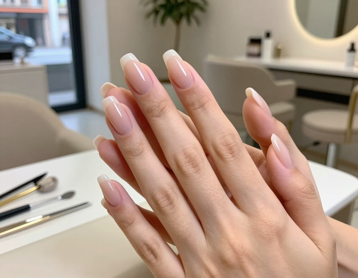 Primer plano de unas manos con manicura, uñas largas de color rosa nude, en un salón de belleza