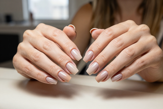 Manos con uñas cuidadas de color rosa pálido apoyadas sobre una mesa en un espacio interior