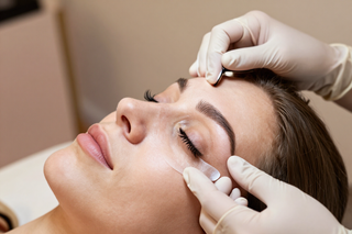 Manos enguantadas moldeando las cejas de una mujer durante un tratamiento cosmético