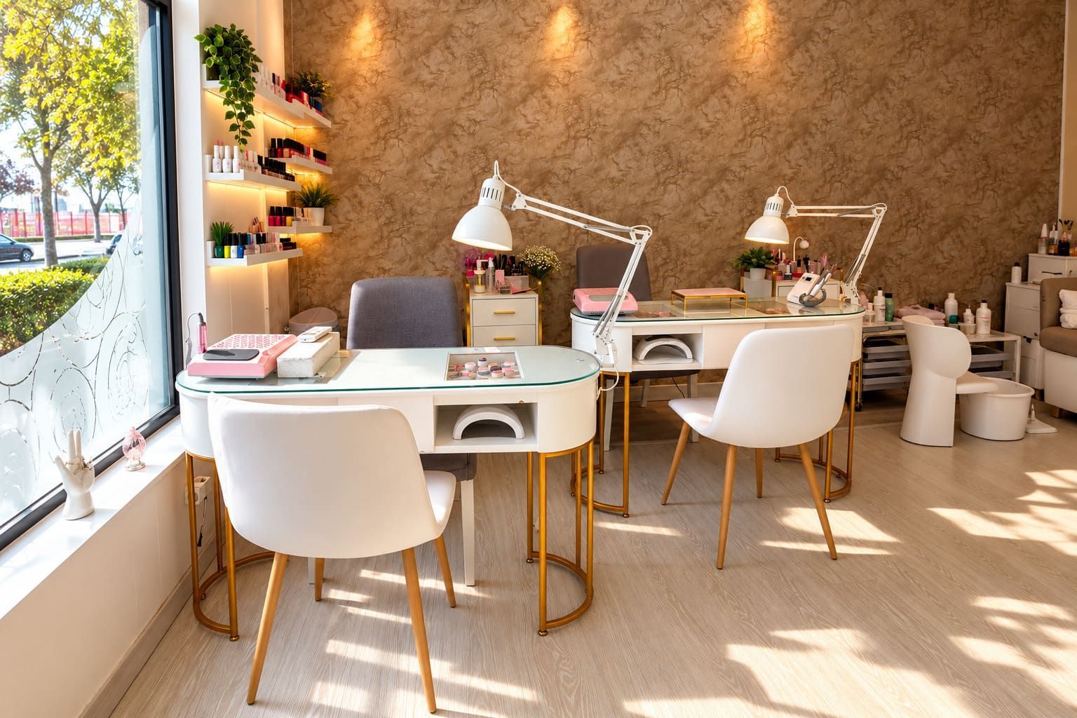 Interior moderno y luminoso de una cafetería, con mesas blancas, sillas, lámparas de escritorio y una pared de color beige texturizada