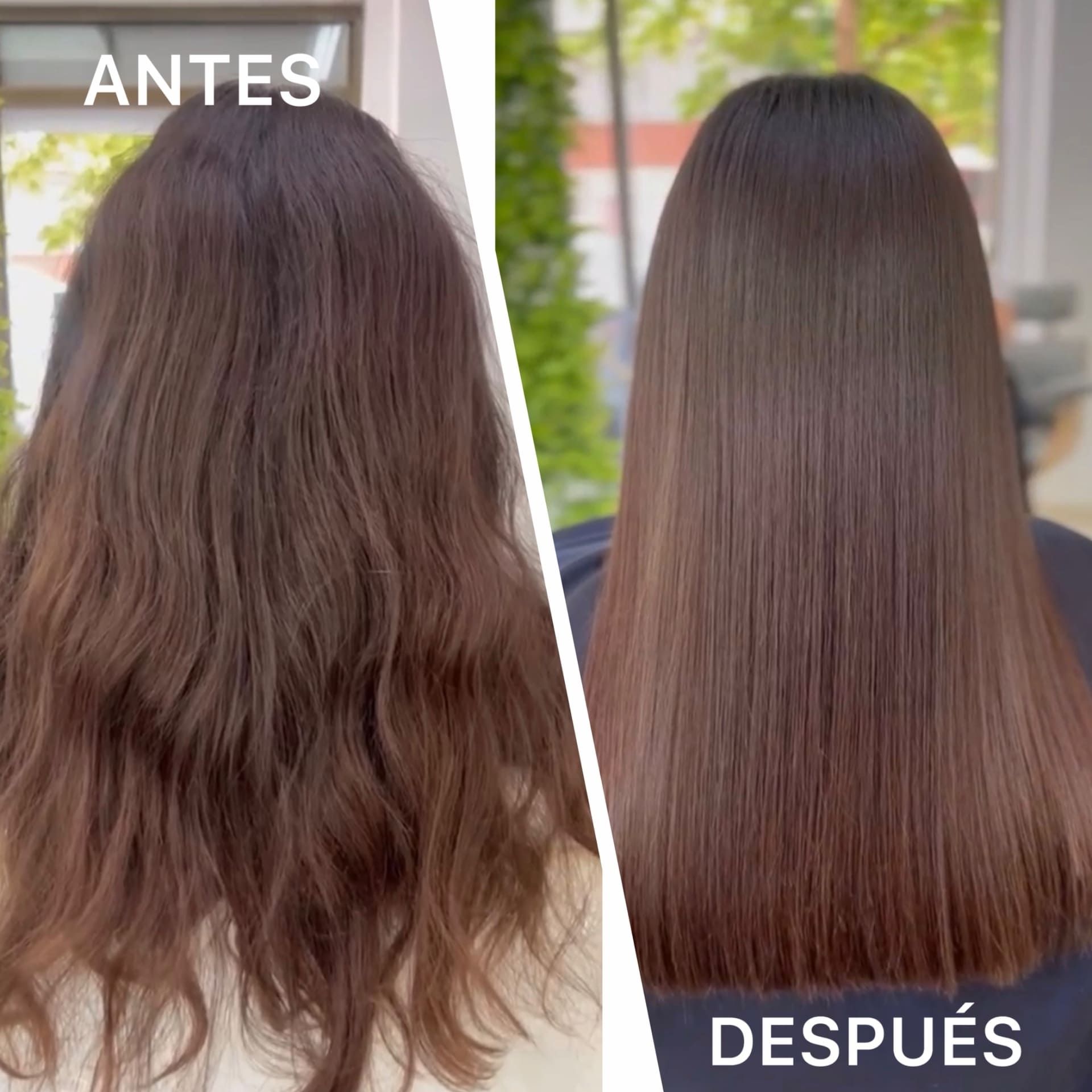Comparativa del antes y el después de un tratamiento capilar: el pelo castaño y ondulado queda liso, suave y brillante.