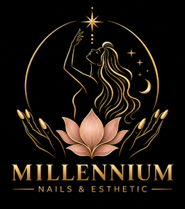 Logotipo dorado para Millennium Nails & Esthetic con un loto y una elegante silueta femenina sobre fondo negro