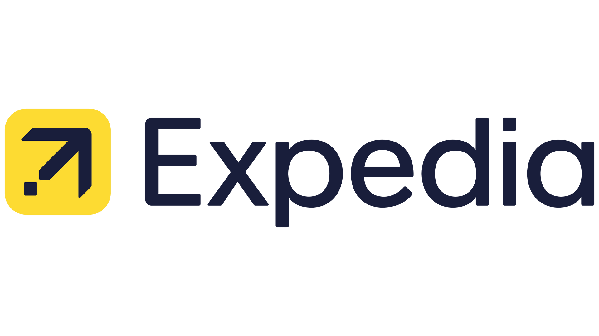 Expedia logo: dark blue text next to a yellow square with a white arrow pointing up and right.