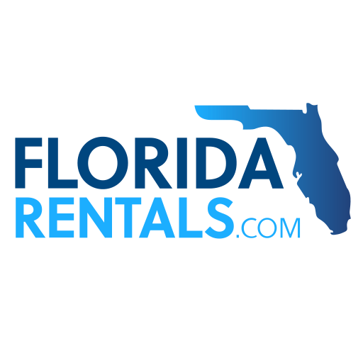 Florida Rentals logo with the state of Florida silhouette in blue. Text 
