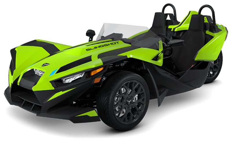 Lime green three-wheeled Slingshot roadster with black accents, parked outdoors.