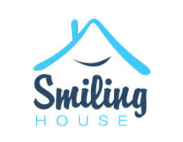 Logo of a house shape, blue with a smiling mouth. 