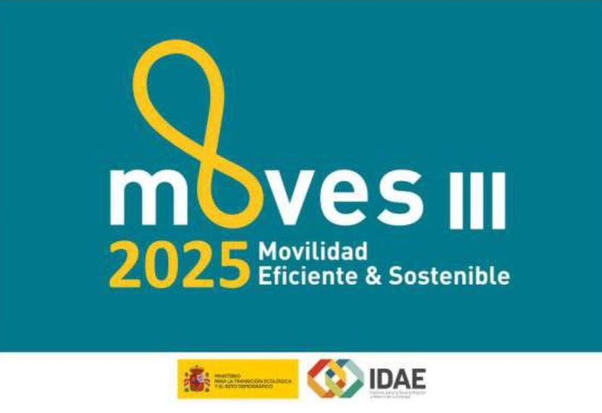 Cartel azul de “moves III 2025” sobre movilidad eficiente y sostenible, con logos del Gobierno de España e IDAE.