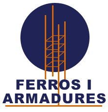 Logotipo de FERROS I ARMADURES con barras de acero naranjas sobre un c&iacute;rculo azul oscuro.