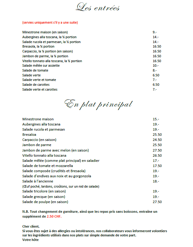 Carte des mets (Page 1) - Le Point du Jour à Genève