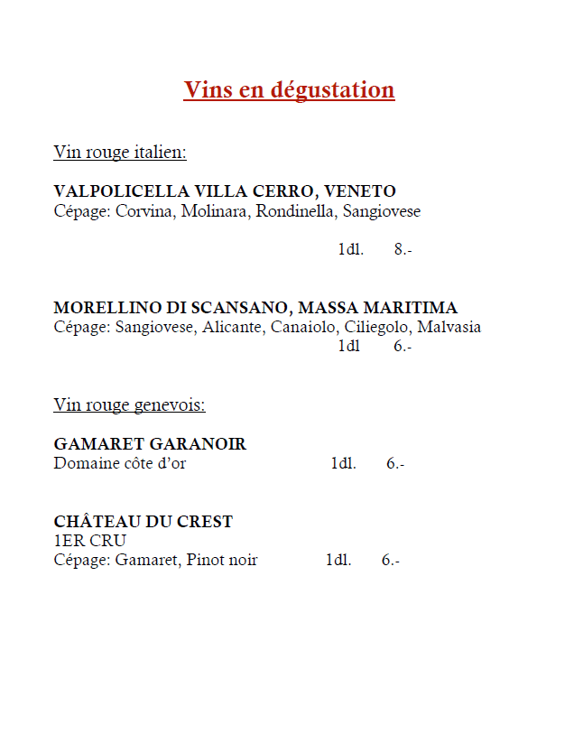 Carte des vins (Page 1) - Le Point du Jour à Genève