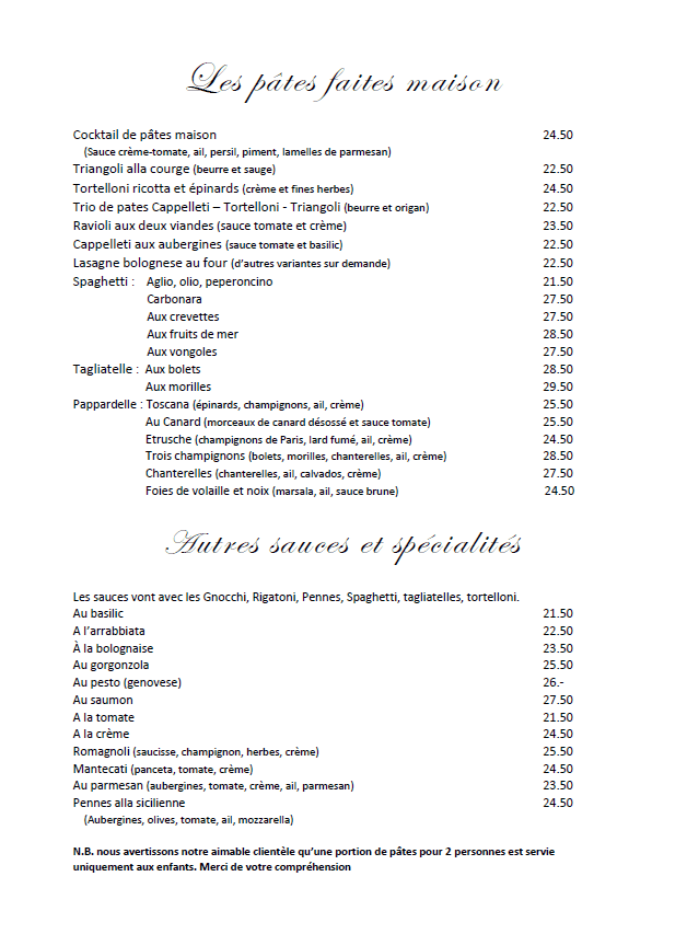 Carte des mets (Page 2) - Le Point du Jour à Genève