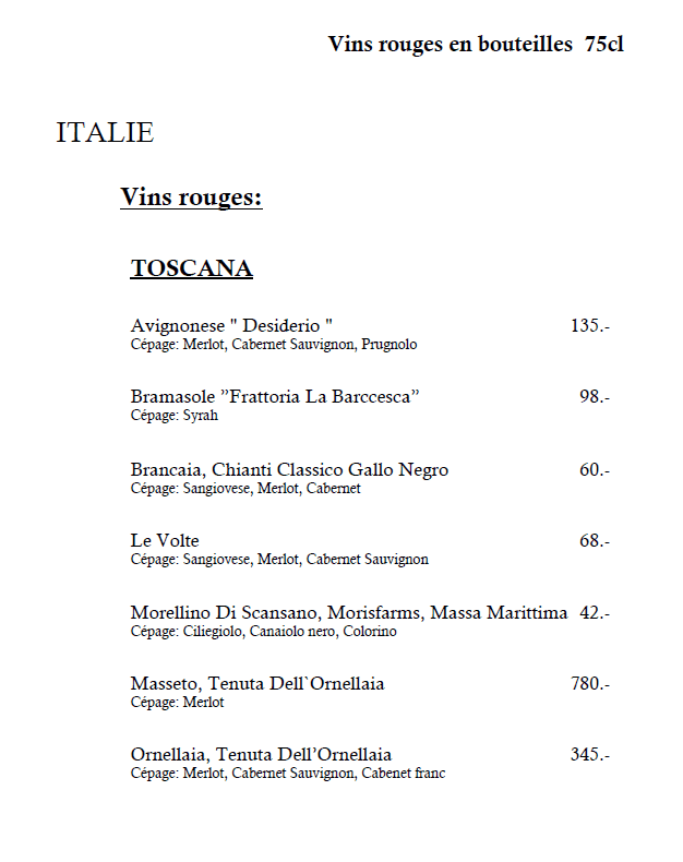 Carte des vins (Page 2) - Le Point du Jour à Genève