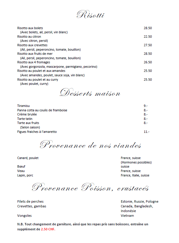 Carte des mets (Page 4) - Le Point du Jour à Genève