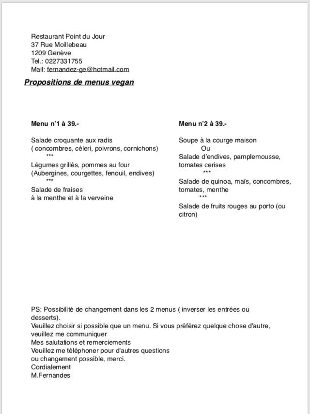 Menu des banquets (Page 2) - Le Point du Jour à Genève