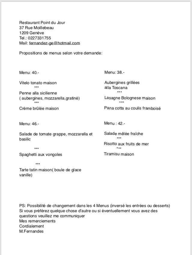 Menu des banquets (Page 1) - Le Point du Jour à Genève