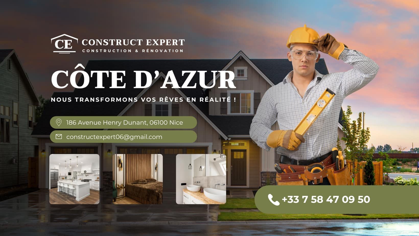 Annonce pour des services de Construct Expert sur la Côte d'Azur ; comprend une photo d'un ouvrier du bâtiment, d'une maison et les coordonnées de l'entreprise.